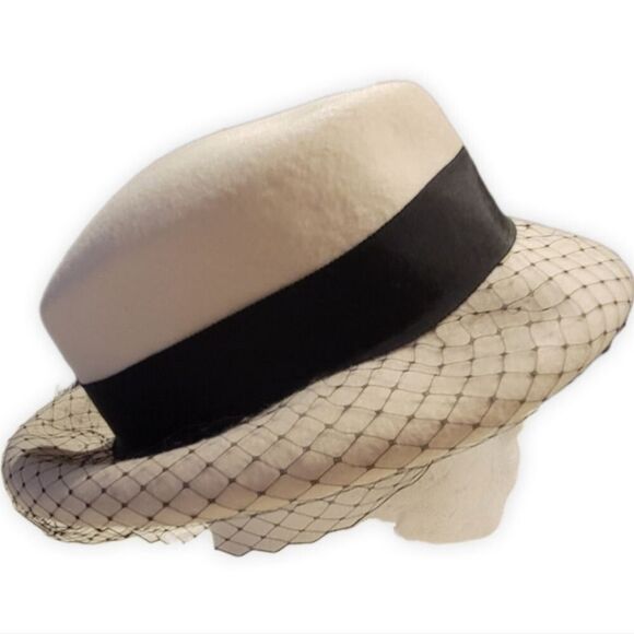Vincent Wu Vintage Ivory Wool Derby Hat with Black Floral & Mesh Trim main image 6